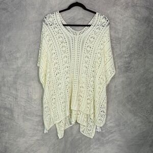 Cream Crochet Knit Poncho Top with Side Tassels Boho Beach festival One Size